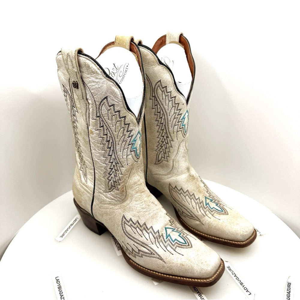 Like New Dan Post Cream and Turquoise Heeled Boots Size 8 - Picture 3 of 17